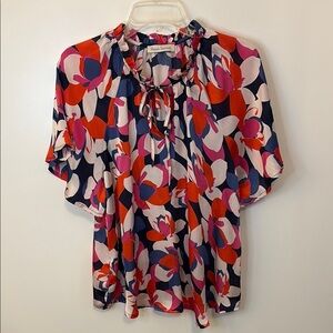 Red, Pink and Blue Blouse with Tie Front and Flutter Sleeves